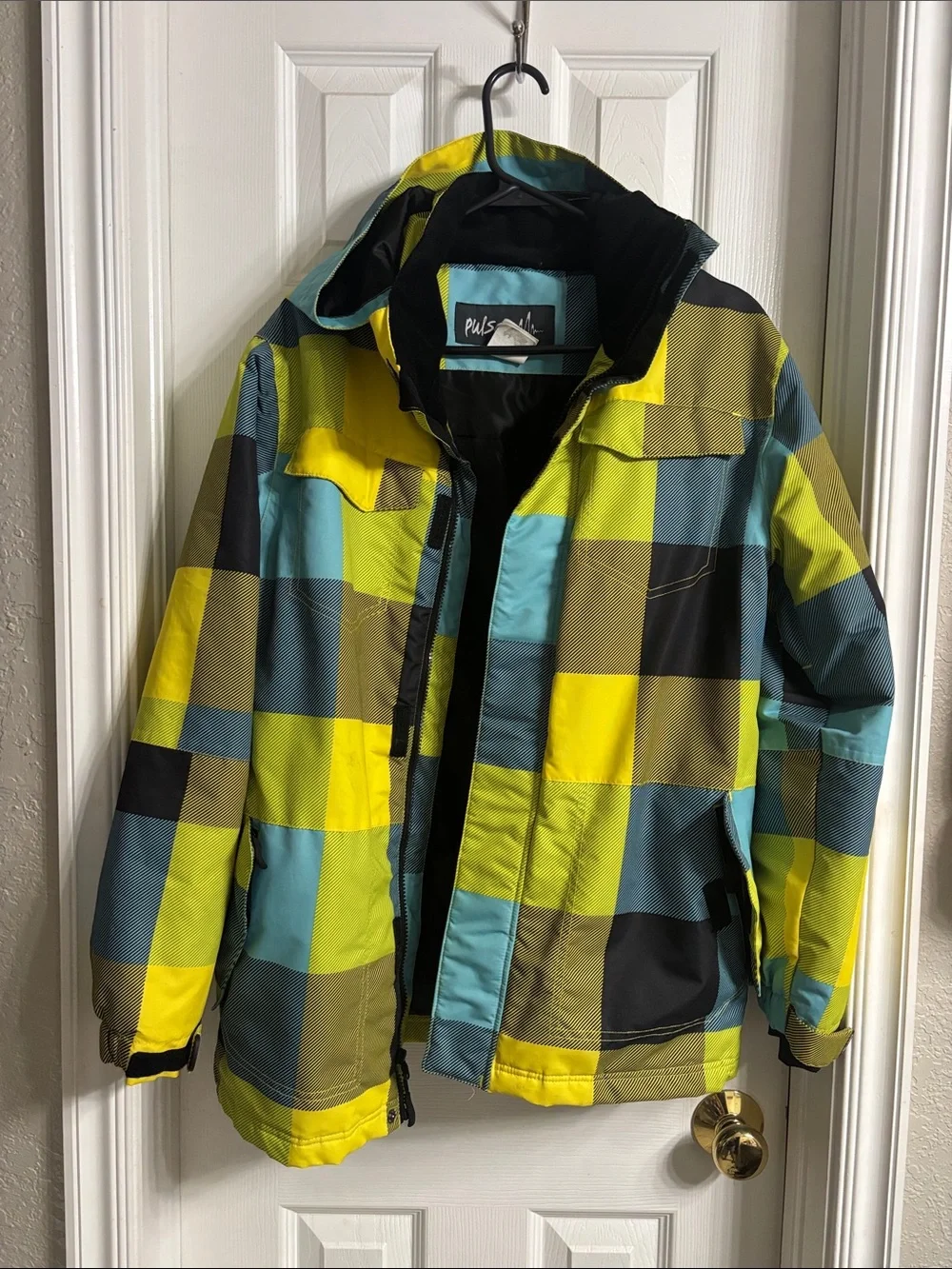 Pulsar Yellow & Blue Plaid Kids Puffer Jacket